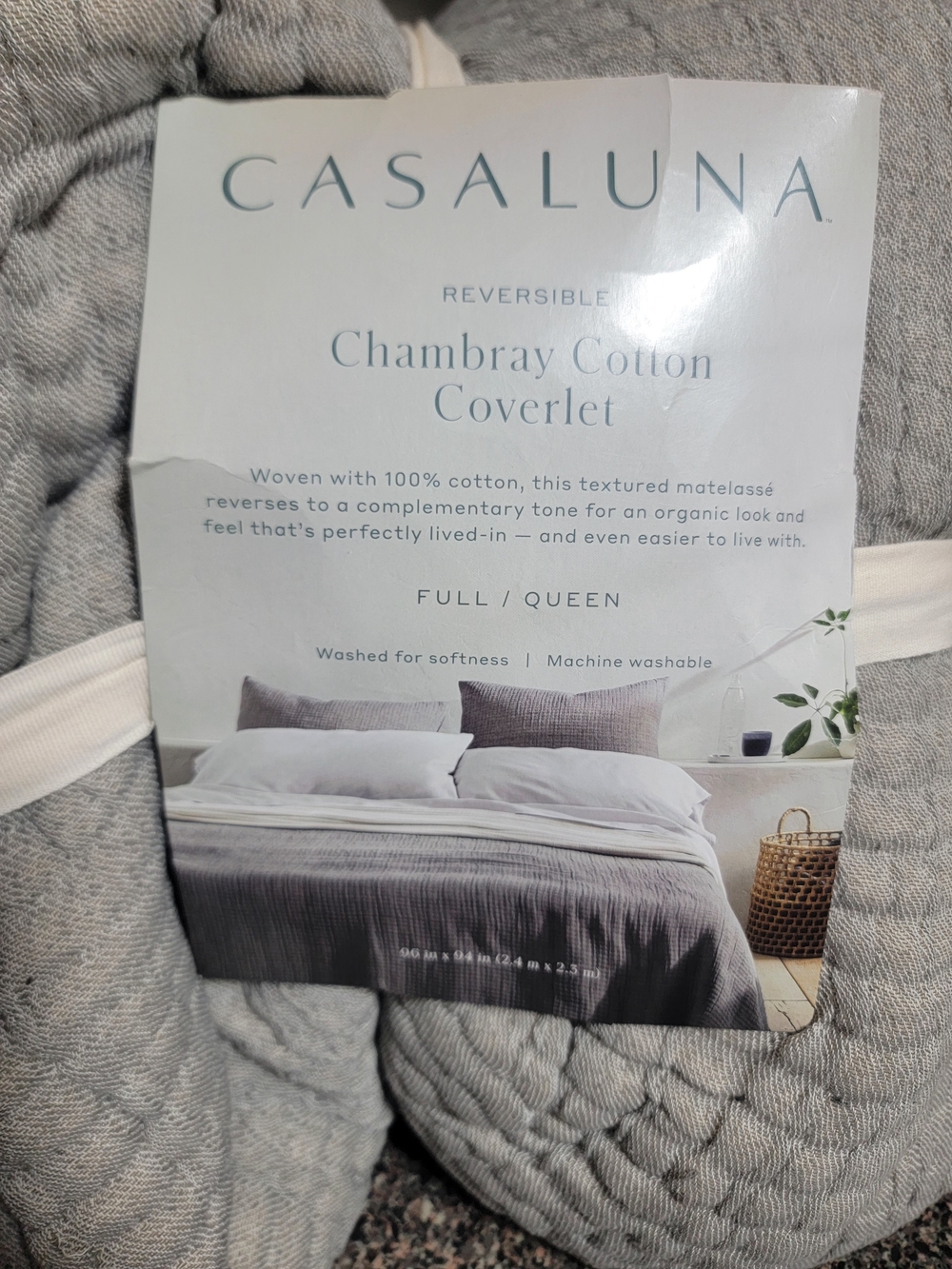 Casaluna Reversible Chambray Cotton Coverlet - Light Gray F/Q